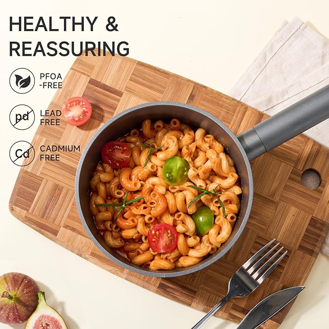 JEETEE Titanium Sauce Pan with Lid, 1.5 QT Non Stick Cooking Pots, Oven & Dishwasher Safe, Ideal for Sauces Soups and Heating Milk, PFOA/PFAS Free (Gray)