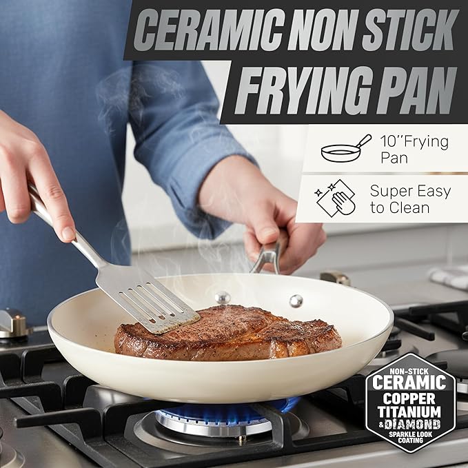 Gotham Steel 20pcs Pots and Pans Set Non Stick Ceramic Cookware Set with Deep Frying Pan Set & 6pc Knife Set, Improved Ti-Cerama Coating Made without PFOA PFOS Lasts 2x Longer, Oven & Dishwasher Safe