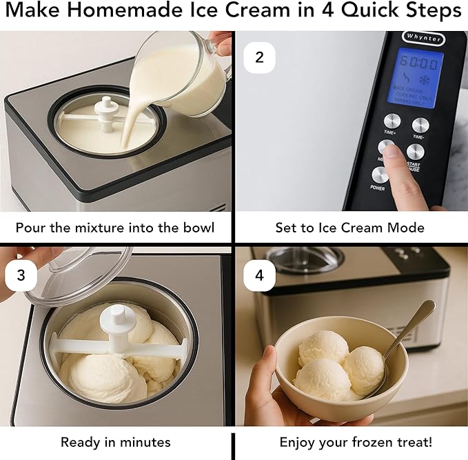 Whynter Ice Cream Maker Machine Automatic 2.1 Qt. with Built-In Compressor, LCD Digital Display & Timer, No Pre-Freezing, ICM-200LS, Stainless Steel