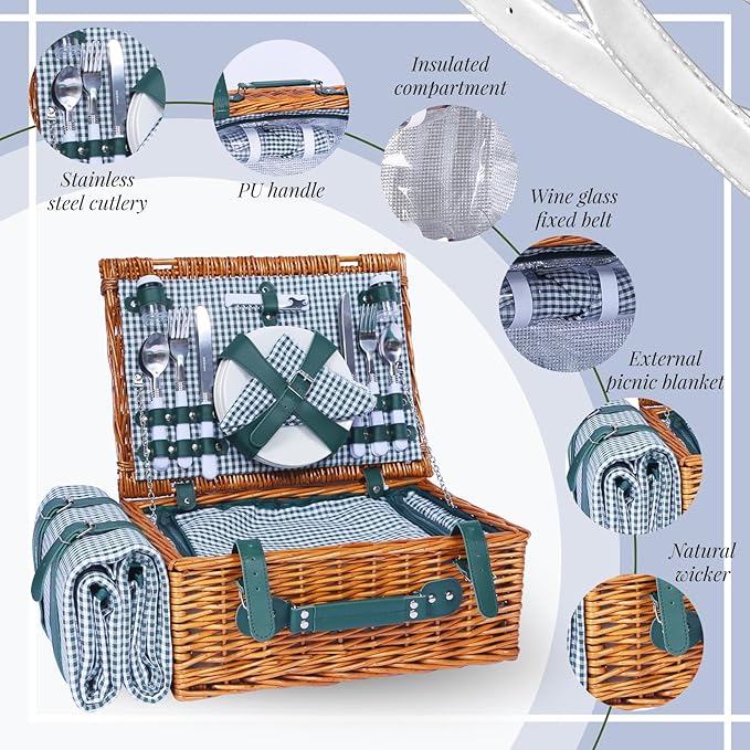 Picnic Basket Set for 4 with Waterproof Blanket Mat Insulation Bag Wicker Green Plaid Classic Vintage Fresh Cottagecore Gift for Wedding Birthday Summer Outdoor Camping Beach Travel Christmas