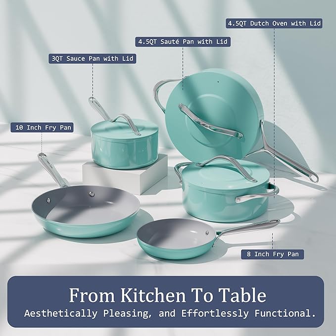 Stock Pot 4.5qt Dutch Oven with Lid (9.5") Nonstick Ceramic Coated Non-Toxic PFAS-Free Even Heat Distribution for Braising, Baking Bread & Soups, Compatible for All Cooktops(Induction/Gas/Electric) Oven Safe to 500°F (Caribbean Blue)