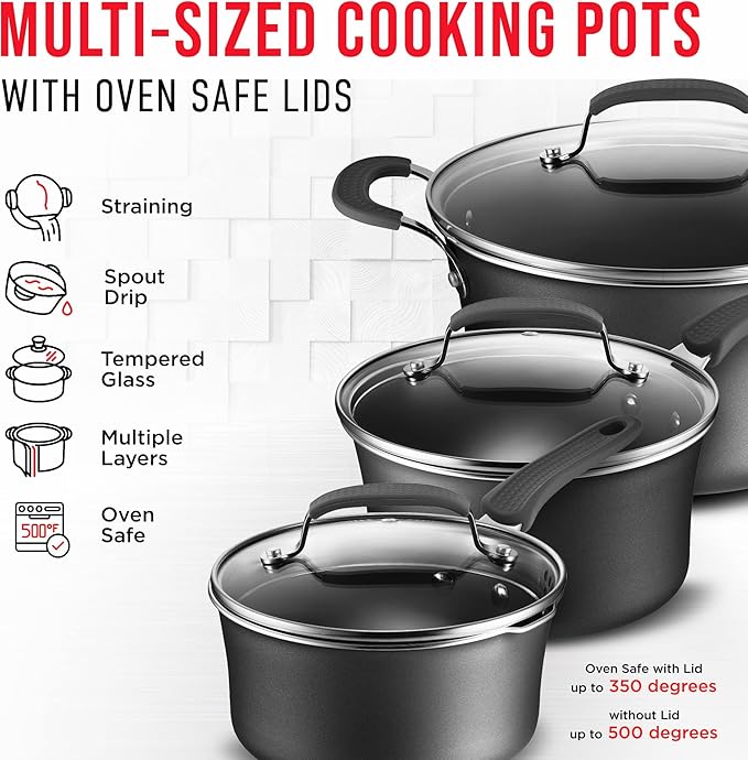 Pots and Pans Set – 14 Piece – Non-Stick Professional Home Kitchenware – Cooking Pots with Lids – Skillet Fry Pans – Suitable for Gas, Electric, Ceramic and Induction Counter Cooktops - Black