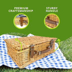 Nature Gear Picnic Basket, Wicker Basket with Handle for Outdoors, Insulated Woven Basket, Includes a Service Kit of Dinnerware & Wine Glasses, Picnic Basket Set for 4, Blue & White