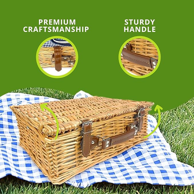 Nature Gear Picnic Basket, Wicker Basket with Handle for Outdoors, Insulated Woven Basket, Includes a Service Kit of Dinnerware & Wine Glasses, Picnic Basket Set for 4, Blue & White