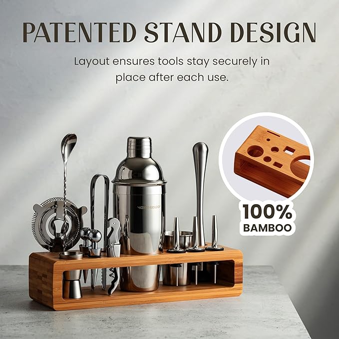Modern Mixology 21-Piece Cocktail Shaker Set with Stand, Bartender Kit for Home Bar Accessories: 24oz Martini Shaker, Jigger, Strainer, Bar Spoon, Tongs, Opener, Muddler (Silver, Brown Stand)