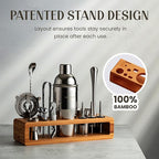 Modern Mixology 21-Piece Cocktail Shaker Set with Stand, Bartender Kit for Home Bar Accessories: 24oz Martini Shaker, Jigger, Strainer, Bar Spoon, Tongs, Opener, Muddler (Silver, Brown Stand)