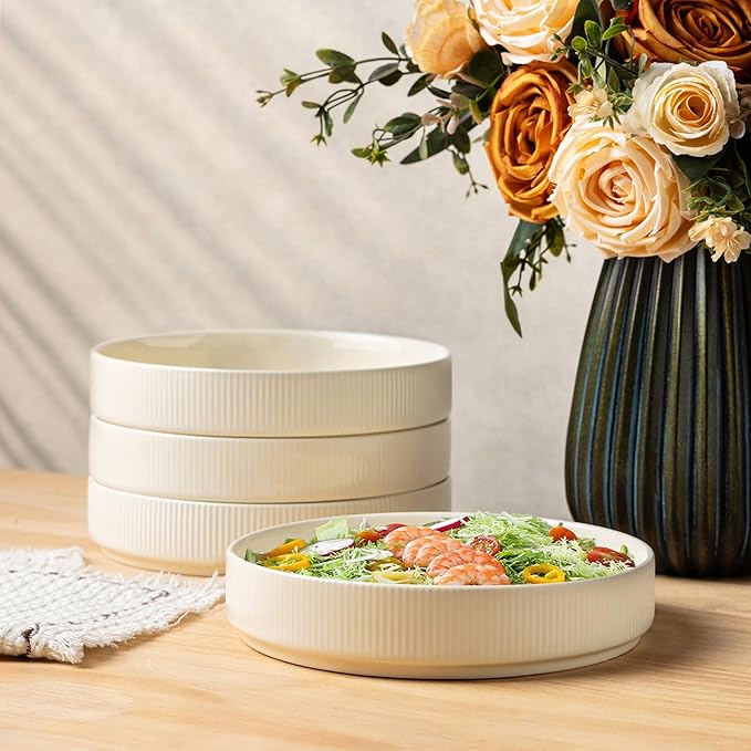 theterra 7.5'' Ceramic Pasta Bowls, Salad Bowls Set of 4, Stoneware Serving Bowls for Fruits, Noodle, Dinner, House-warming Wedding Present, Beige