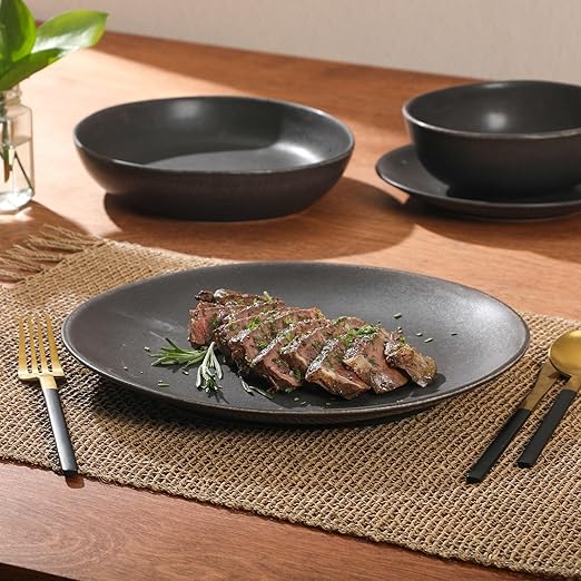 Gibson Elite Zion Mist 16 Piece Stoneware Reactive Glaze (Service for 4) Ceramic Plates and Bowls Modern Organic Dinnerware Set - Black