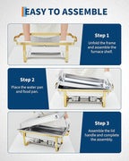 Garvee Chafing Dish Buffet Set 6 Pack, 8QT Buffet Servers and Warmers Set with Lid & Foldable Frame, Rectangular Stainless Steel Chafer Food Warmer for Parties Wedding Catering Supplies, Gold