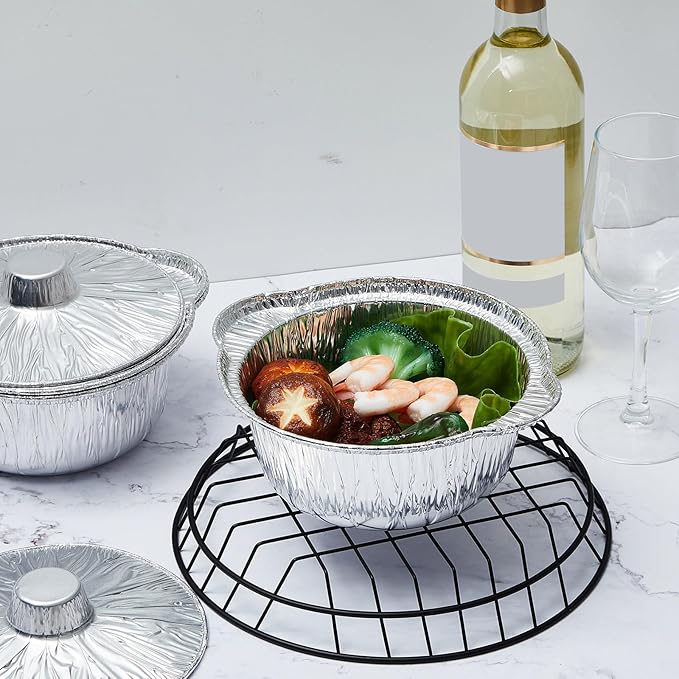 12 Pcs Disposable Aluminum Pot with Lid Round Foil Pans Disposable Cookware Food Container for Vacation Trips Camping Baking Heating Cooking (33.8 oz)