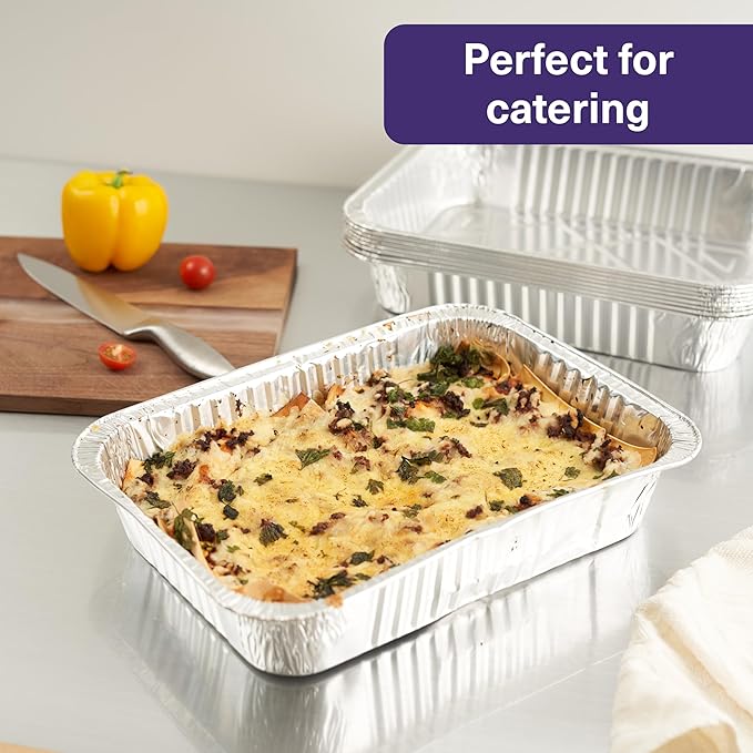 MATANA 9x13 Aluminum Pans Foil Trays (25 Pack) Disposable Baking Tin Foil Pan, Half Size Deep Steam Table Pan, Aluminum Tray, Great for Oven Roasting, Chafing, Heating, Serving Food, Parties