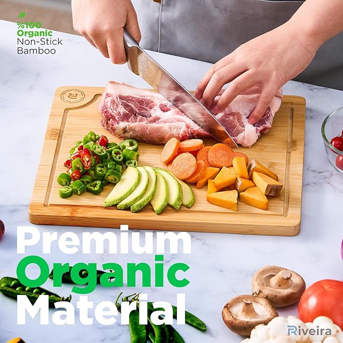 Riveira Wood Cutting Board – Gourmet Bamboo Grandeur: 15 x 10 Inches Wooden Cutting Boards For Kitchen – Natural Cutting Boards For Kitchen – Innovative Juice Grooves Non Toxic Cutting Board