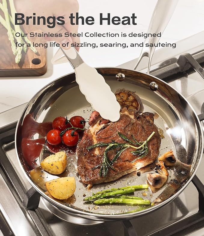 3-Ply Stainless Steel Fry Pan With Lid 10 Inch, Induction Compatible, Oven Broiler Safe 600F, Fast and Even Heat, 10"Frying Pan, Stay-Cool Handle, Dishwasher-Friendly, Compatible with All Cooktops