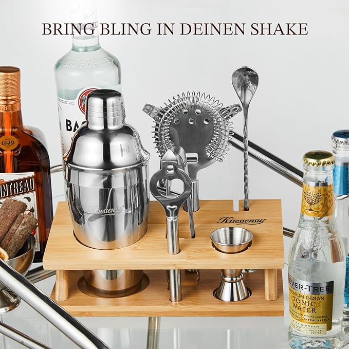 KITESSENSU Cocktail Shaker Set Bartender Kit, 6-Piece Silver Bar Set with Stand, Bar kit with Essential Bar Accessory Tools: Martini Shaker, Jigger, Strainer, Bar Spoon, Tongs, Opener