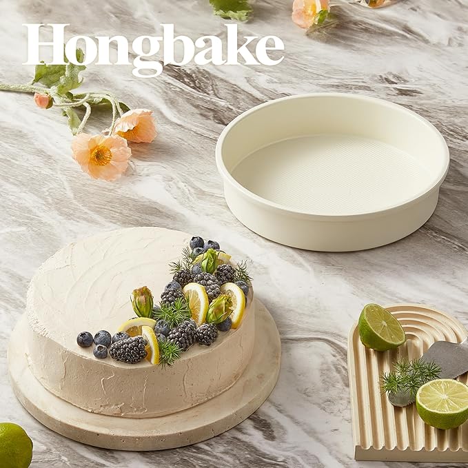 HONGBAKE 9 Inch Round Cake Pan Set of 2, Nonstick Ceramic Coating Cake Molds with Diamond Texture, Aluminized Steel Cake Pans Sets for Baking & Cheesecake, Heavy Duty & Non-Toxic (Cream, 2PCS)