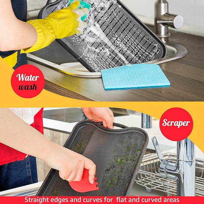 Overmont Pre-seasoned 17x9.8" Cast Iron Reversible Griddle Grill Pan with handles for Gas Stovetop Open Fire Oven, One tray, Scrapers Included