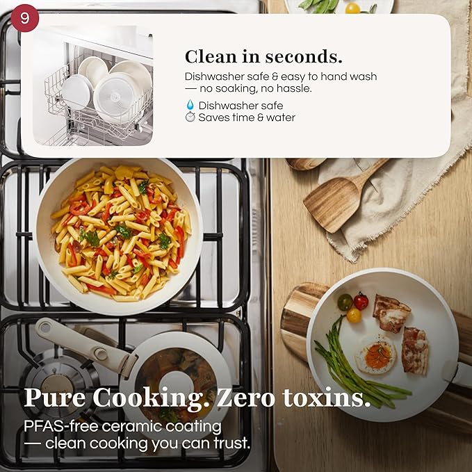 GOURMETIFIC® Pots and Pans Cookware Set [11 PIECES] - Non Toxic Ceramic Coated Cooking Ware - Induction, Gas & Oven Kitchenware - Non Stick Pot & Pan with Removable Handles & Stackable (Cream)