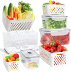 4 Pack Fruit Storage Containers for Fridge with Removable Colanders, Produce Storage Containers for Fridge, Airtight Food Storage Containers for Berry Fruit Vegetable Meat Keeper Fresh (with handle)