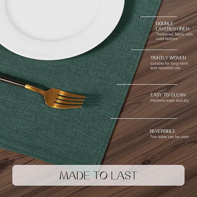 Romanstile Cloth Placemats Set of 4-12 x 18 Inch, Heat Resistant Double Layered Thickened Burlap Christmas Place Mats, Washable Linen Farmhouse Table Mats for Kitchen/Dining/Party/Outdoor, Green