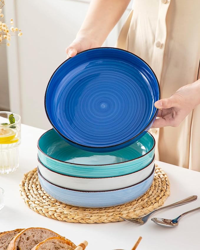 vancasso Pasta Bowls Set of 4, 46 oz Ceramic Salad Serving Bowls and Soup Bowls, Microwave Safe Pasta Plates, Large Shallow Kitchen Dishes, Bonita Series - Blue