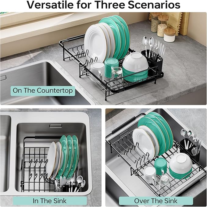 Expandable Dish Drying Rack Over The Sink, Adjustable Dish Rack in Sink, Dish Drainer for Kitchen Counter, Dish Strainer with Utensil Holder, Dish Rack Fit for 14"-19" Kitchen Sink, Matte Black