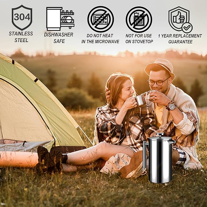 Large French Press Coffee Maker 50oz (1.5L), 304 Stainless Steel Double Wall Insulated Tea Press for Camping, Backpacking, Party, Travel, Gift Set, Dishwasher Safe (Silver, 6-8 Cups)
