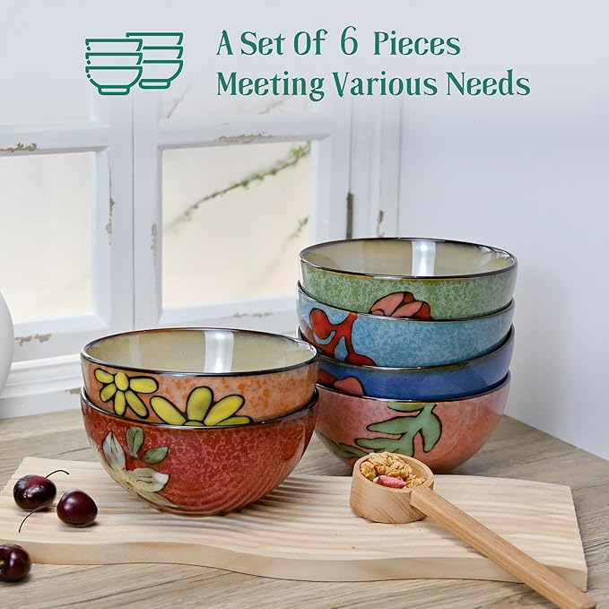 Ceramic Cereal Bowls Set of 6, Floral Design 6 inch – 28oz for Cereal, Salad, Soup, Dessert, or Snacks, Microwave, Dishwasher Safe