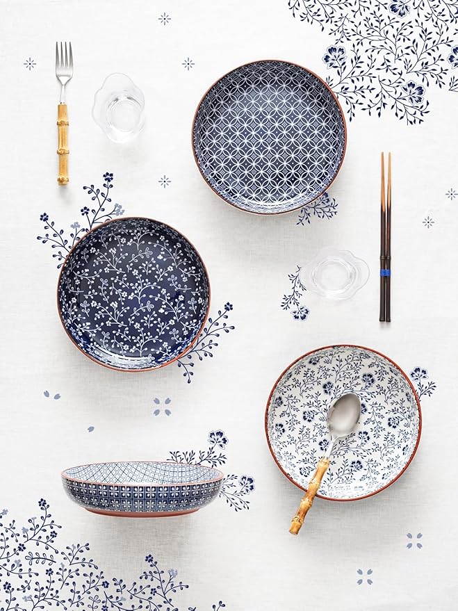 LE TAUCI Pasta Bowl 32 oz, Ceramic Salad Bowl, Japanese-Style Plate Bowls for Serving Pasta, Fruits, Salad, Noodle, Dinner, Soup, Mircrowave Oven Dishwasher Safe - 8.2 Inch, Set of 4, Vintage Blue