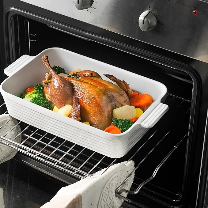 Jassceram Casserole Dishes for Oven, 3-Piece Ceramic Baking Dish Set, Rectangular Lasagna Pan Deep with Handles, Nesting Bakeware for Baking & Roasting, Oven Safe (9.6 to 13.1 Inch), White - Christmas Gift