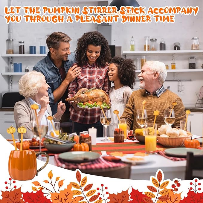 12 Pcs Pumpkin Glass Drink Stirrers 7 Inch Fall Swizzle Sticks 3D Fall Coffee and Cocktail Stirrers Thanksgiving Drink Stir Sticks for Autumn Party Tea Coffee Bar Favors