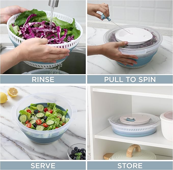 COOK WITH COLOR Collapsible Salad Spinner - 4 QT Space Saving Lettuce Dryer with Folding Collapsible Colander Great for Washing and Drying Fruit and Vegetables (Blue)