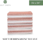 Salt Earth Kitchen Towels Cotton Dish Towel Size 24x14 Inches Set of 4 100% Ring Spun Cotton Absorbent Quick Dry Herringbone Weave Lint Free Washable Dishcloth Hanging Loop Color White & Red Stripe