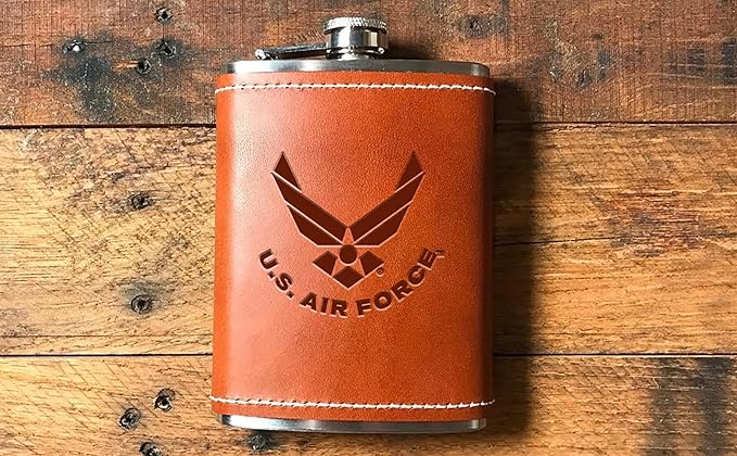 Leather Wrapped 8 oz Air Force Flask | Stainless Steel USAF Hip Flask – Tobacco Brown, US Air Force Gifts | Disabled USMC Vet Owned SMALL Business