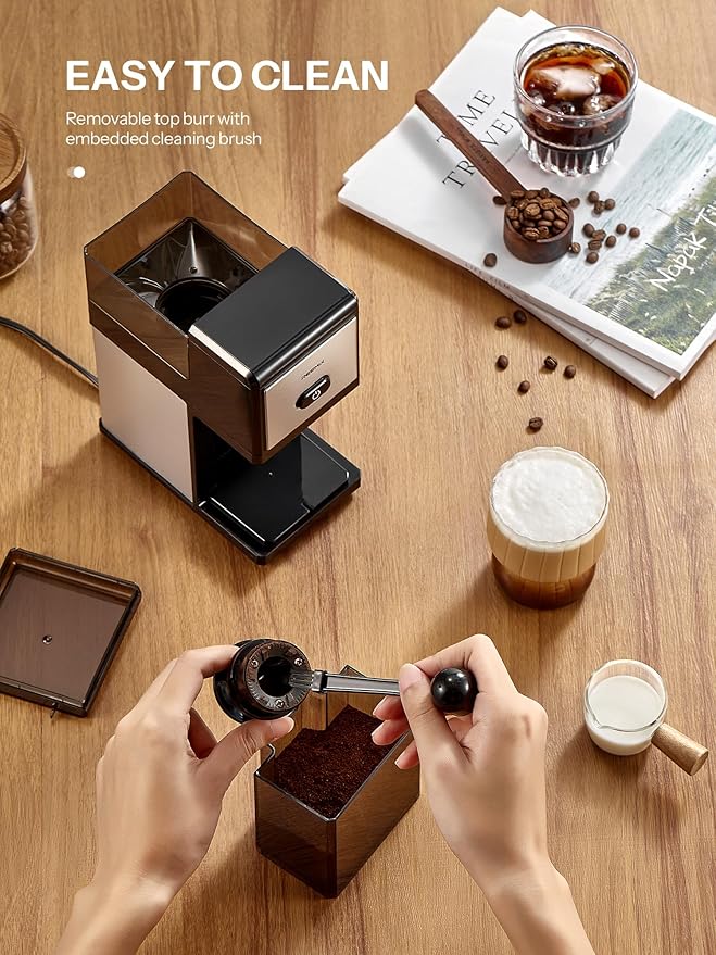 Electric Burr Coffee Grinder, Reemix Automatic Flat Burr Coffee for French Press, Drip Coffee and Espresso, Adjustable Burr Mill, Black+Silver