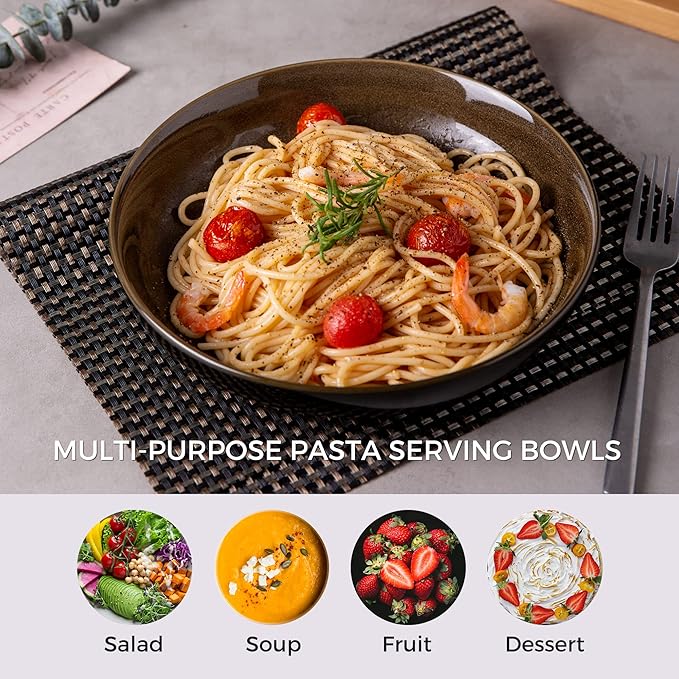 LERATIO Pasta Bowls,Ceramic 38oz Pasta Bowls,9.0" Reactive Glaze Pasta Bowl Set of 4,Microwave & Dishwasher,Oven Safe,Large Wide Serving Bowls for Salad, Dessert, Pizza,Scratch Resistant-Chestnut