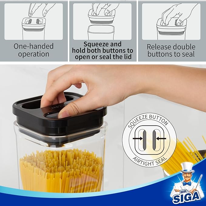 MR.SIGA 6 Piece Airtight Food Storage Container Set, BPA Free Kitchen Pantry Organization Canisters, One-handed Kitchen Storage Containers for Cereal, Spaghetti, Pasta, White