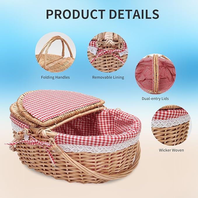 Natural Rattan Picnic Basket for 4 Adults - Portable Wicker Hamper with Removable Red & White Gingham Lining, Foldable Handles & Lockable Lid, Detachable Cushioned Tote (15"x11"x7" Outdoor Essentials)