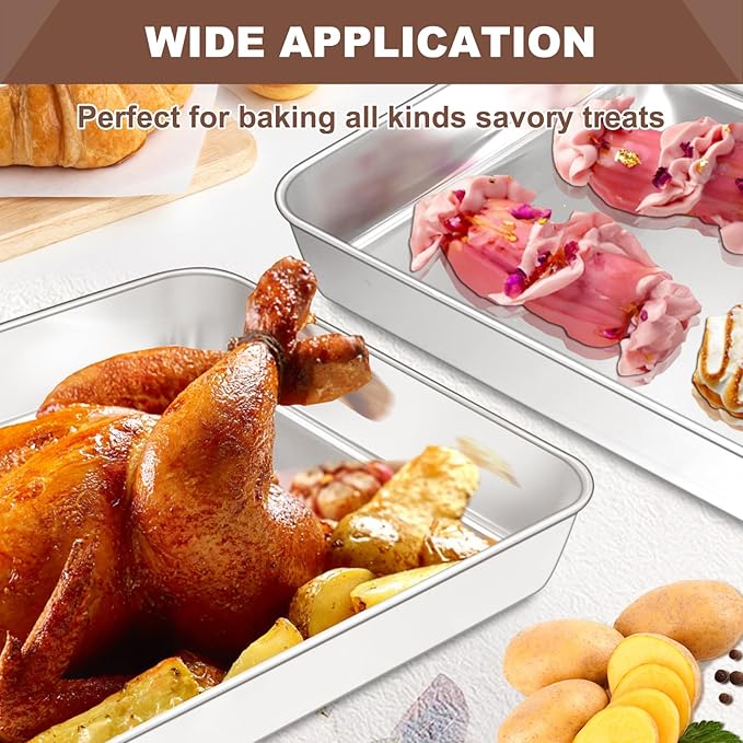 EWFEN 12 Inch Rectangular Cake Pan Set of 2, Stainless Steel Deep Baking Pan for Lasagna Brownies Casseroles, Metal Cookie Tray Fits in Toaster Oven, Rust-resistant, Dishwasher Safe