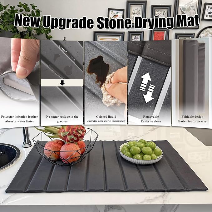 New Stone Drying Mat For Kitchen Counter, 25"(L)×16"(W) - Stone Dish Drying With Faux Leather Case, Foldable & Removable, Super Absorbent, Dish Drying Mat For Dishes, Utensils