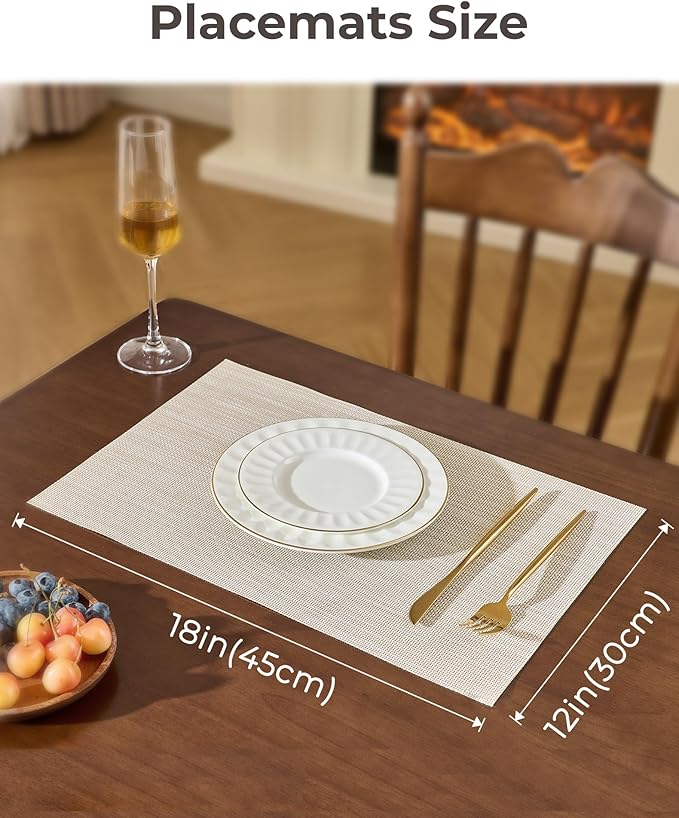 Leetaltree Beige White Placemats Set of 8 - Heat Resistant Non-Slip Place mats for Dining Table, Washable Durable PVC Vinyl Woven Table Mats（Beige White, 8）