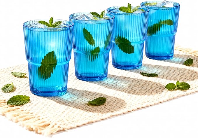 Blue Ribbed Glass Set of 4 14oz Highball Glass Stackable Vintage Durable for Water, Seltzer, Sparkling, Elegant Everyday Glassware