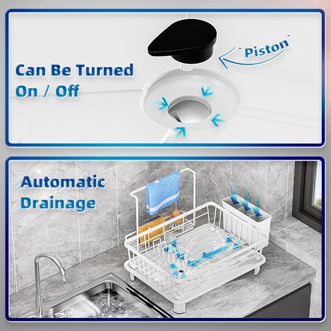 2 Tiers Dish Drying Rack, Space-Saving Dish Racks for Kitchen Counter, Dish Drainer Drying Rack with Drainboard, Utensil Holder Cups Holder and Adjustable Swivel Spout, White
