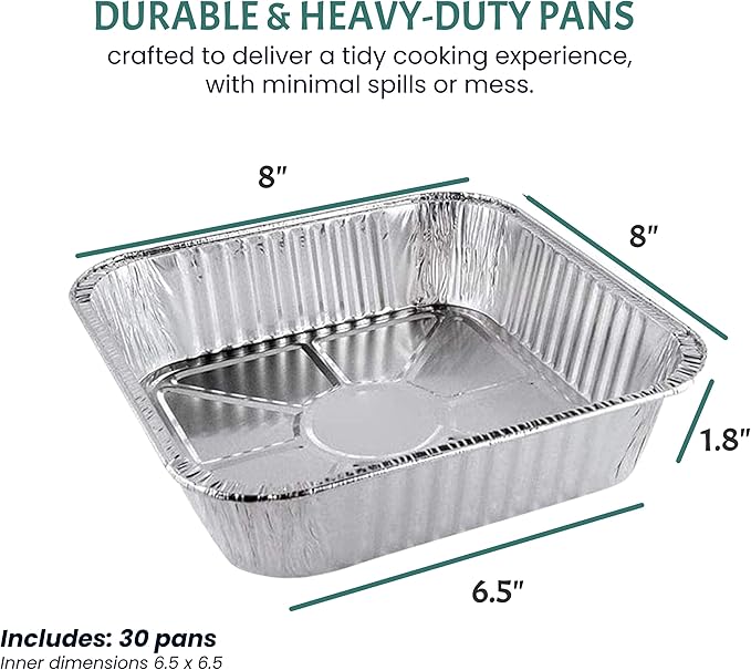 FUNSTITUTION Aluminum Foil Pans 8x8 Inches (30 Pack) - Tin Foil Pans with High Heat Conductivity - Disposable Aluminum Tray Cookware For Baking, Grilling, Cooking, Storing, Prepping