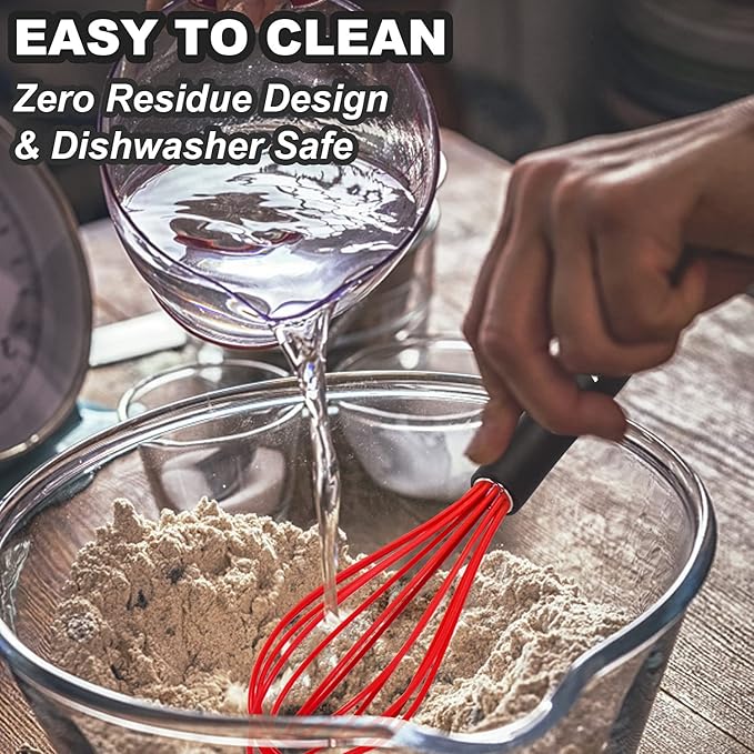 Anaeat Silicone Kitchen Whisk Set of 4, Perfect for Non-Stick Cookware, Milk and Egg Beater Blender for Whisking, Cooking, Baking, Beating - 11'' Flat Whisk and 8.5''+10.5''+12'' Balloon Whisks (Red)