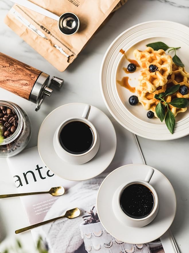 YHOSSEUN Espresso Cups with Saucers and Metal Stand, 4 Oz Ceramic Expresso Shots Cup Espresso Small Coffee Cups Set of 6, Beige