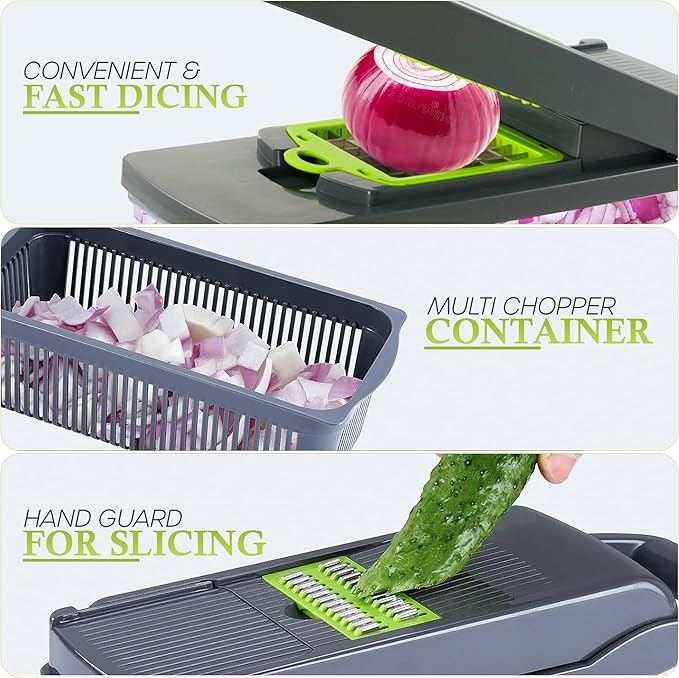 Mandoline Vegetable Slicer, Dicer, 16-in-1 Multifunctional Veggie Chopper, Colander Basket, Onion, Carrot, Potato, Salad, Garlic, ABS Design, Stainless Steel Sharp Blades. (NGI-HVG16-GR)