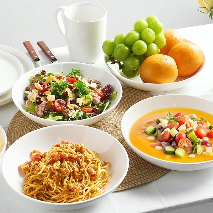 Jassceram 8.5inch Pasta Bowls Set of 6, 36 OZ Salad Plates,Ceramic Serving Bowls for Soup,Noodle,Deep Enough for Kitchen and Dining, Microwave,Oven and Dishwasher Safe,Off White