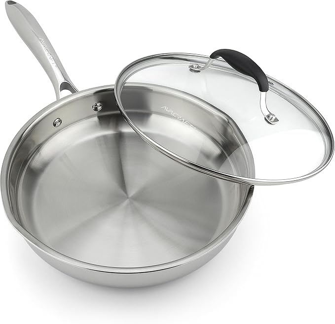 AVACRAFT 18/10 10 Inch Stainless Steel Frying Pan with Lid, Side Spouts, Induction, Versatile Stainless Steel Skillet