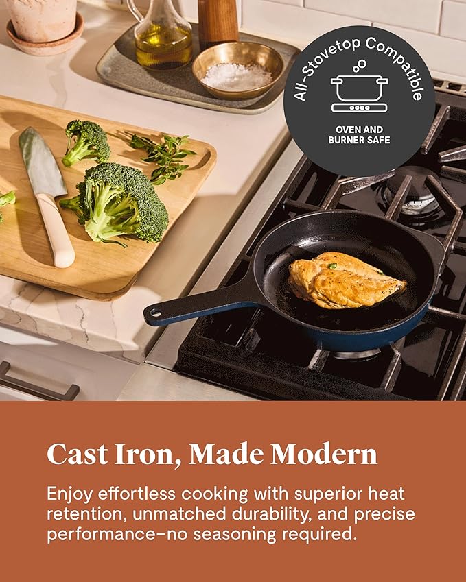 Caraway Cast Iron Skillet - 8” Enameled Cast Iron Pan With 3 Layer Enamel Coating - No Seasoning Required - Compatible With All Stovetops - Free From Forever Chemicals - Midnight Blue