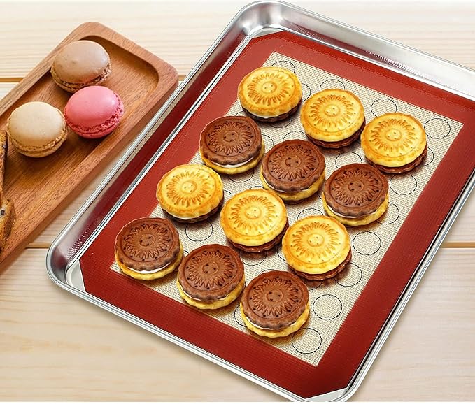 Baking Sheet with Silicone Mat Set of 4, Stainless Steel Cookie Sheet Baking Pan Tray with Silicone Mat, Non Toxic & Heavy Duty & Easy Clean - Size of 12 inch